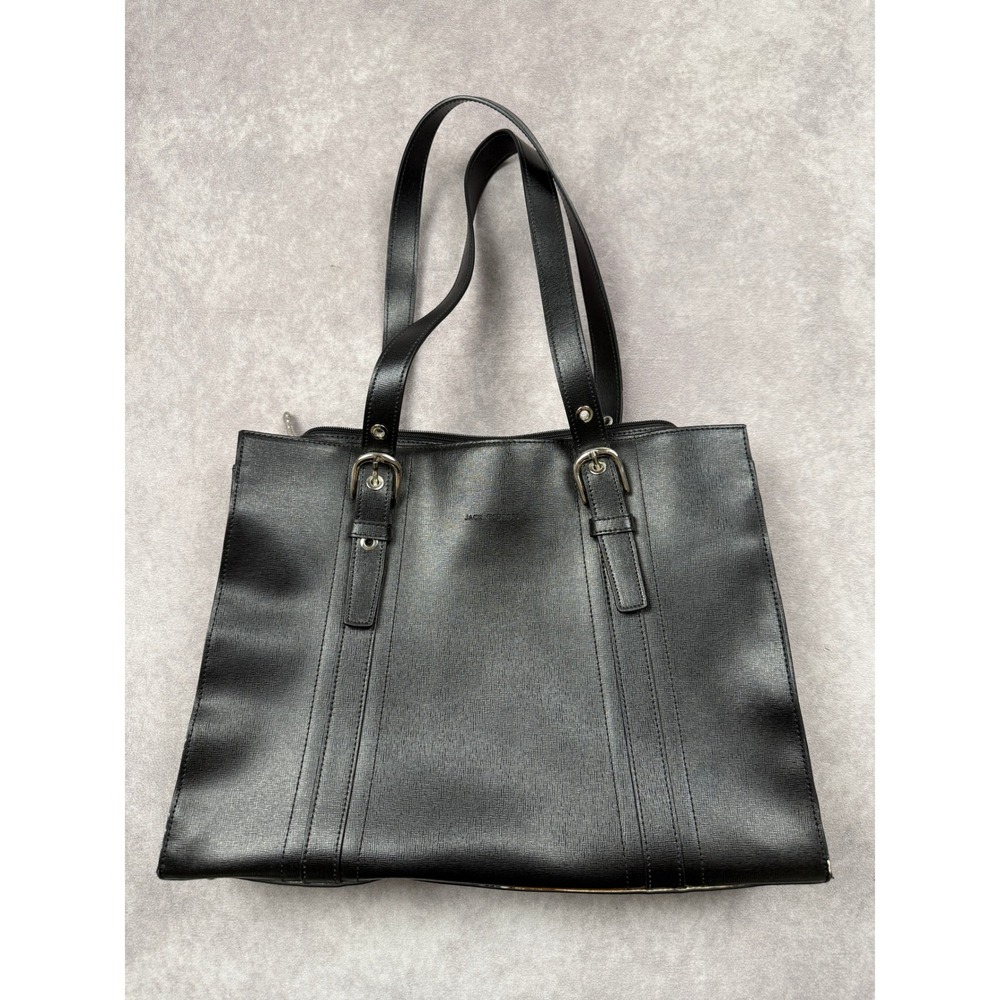 Jack Georges Black Leather Tote Bag Double Handle‎ Buckle Zip Top Work School